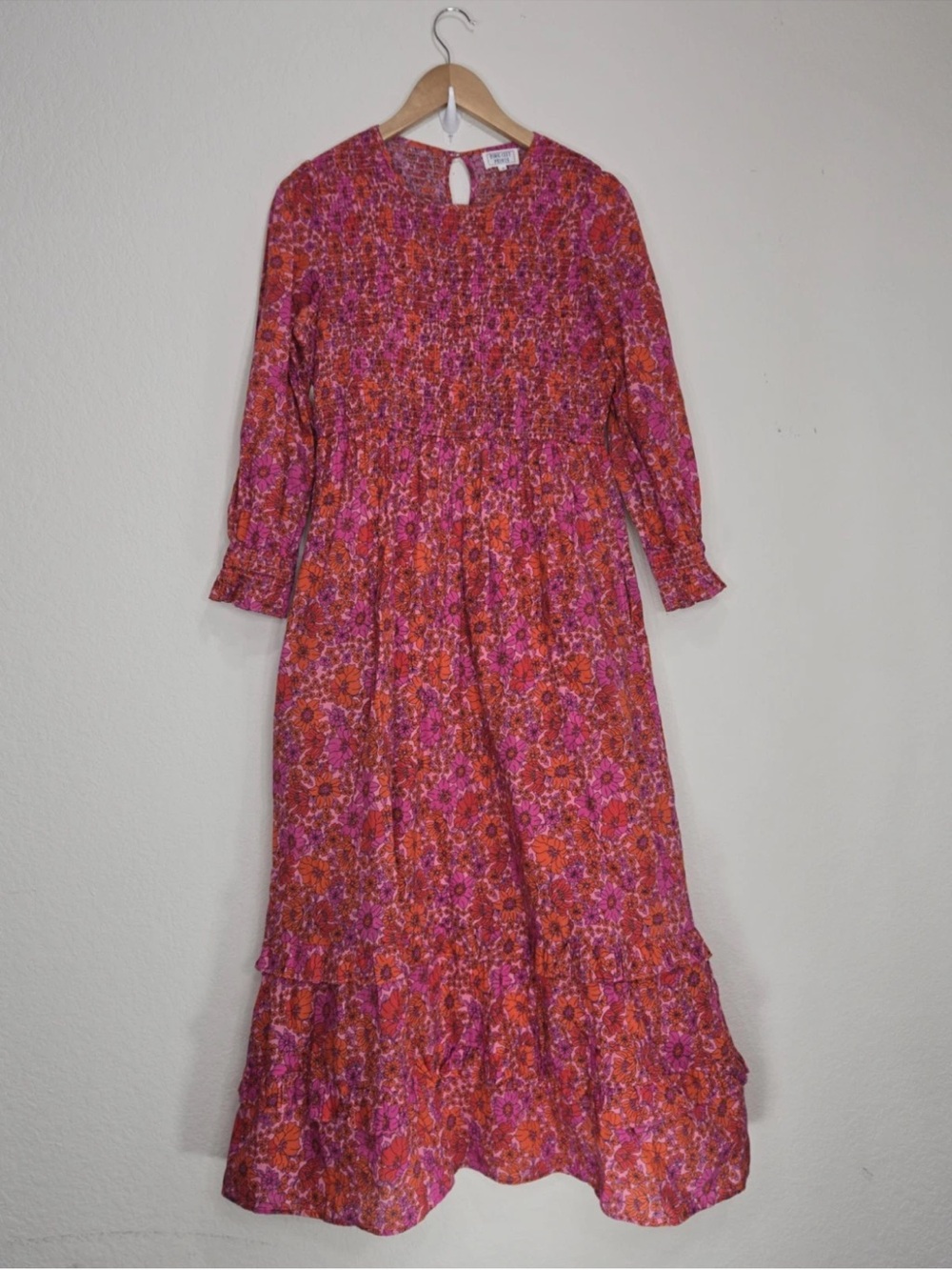 Pink City Prints Peach Carnation Isabel Dress Smocked Size S Womens
